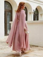 Robe de A-ligne à Col en Bijou Longueur de Mollet en Mousseline Rose Poudré Grande Taille