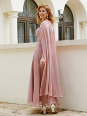 Robe de A-ligne à Col en Bijou Longueur de Mollet en Mousseline Rose Poudré