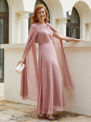 Robe de A-ligne à Col en Bijou Longueur de Mollet en Mousseline Rose Poudré