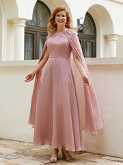 Robe de A-ligne à Col en Bijou Longueur de Mollet en Mousseline Rose Poudré Grande Taille