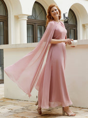 Robe de A-ligne à Col en Bijou Longueur de Mollet en Mousseline Rose Poudré