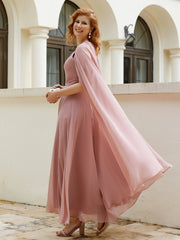 Robe de A-ligne à Col en Bijou Longueur de Mollet en Mousseline Rose Poudré