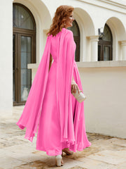 Robe de A-ligne à Col en Bijou Longueur de Mollet en Mousseline Azalée Grande Taille
