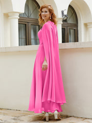 Robe de A-ligne à Col en Bijou Longueur de Mollet en Mousseline Azalée