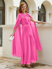 Robe de A-ligne à Col en Bijou Longueur de Mollet en Mousseline Azalée Grande Taille