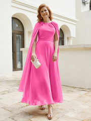 Robe de A-ligne à Col en Bijou Longueur de Mollet en Mousseline Azalée Grande Taille