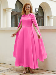 Robe de A-ligne à Col en Bijou Longueur de Mollet en Mousseline Azalée