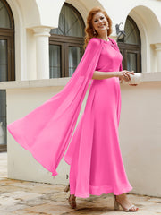 Robe de A-ligne à Col en Bijou Longueur de Mollet en Mousseline Azalée Grande Taille