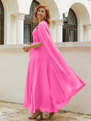 Robe de A-ligne à Col en Bijou Longueur de Mollet en Mousseline Azalée