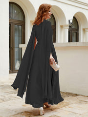 Robe de A-ligne à Col en Bijou Longueur de Mollet en Mousseline Noir Grande Taille