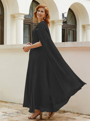 Robe de A-ligne à Col en Bijou Longueur de Mollet en Mousseline Noir Grande Taille