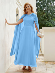 Robe de A-ligne à Col en Bijou Longueur de Mollet en Mousseline Bleu Grande Taille