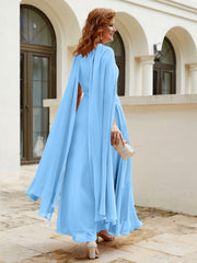 Robe de A-ligne à Col en Bijou Longueur de Mollet en Mousseline Bleu Grande Taille