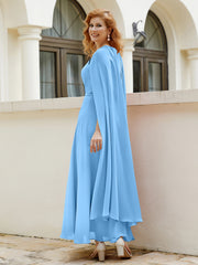 Robe de A-ligne à Col en Bijou Longueur de Mollet en Mousseline Bleu Grande Taille