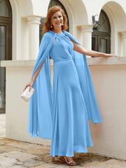Robe de A-ligne à Col en Bijou Longueur de Mollet en Mousseline Bleu Grande Taille