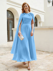 Robe de A-ligne à Col en Bijou Longueur de Mollet en Mousseline Bleu Grande Taille