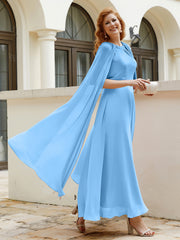 Robe de A-ligne à Col en Bijou Longueur de Mollet en Mousseline Bleu