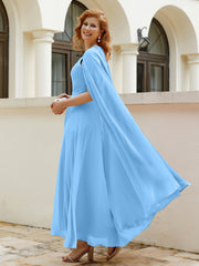 Robe de A-ligne à Col en Bijou Longueur de Mollet en Mousseline Bleu Grande Taille
