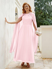 Robe de A-ligne à Col en Bijou Longueur de Mollet en Mousseline Rose Pâle Grande Taille