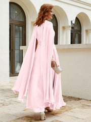 Robe de A-ligne à Col en Bijou Longueur de Mollet en Mousseline Rose Pâle Grande Taille