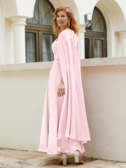 Robe de A-ligne à Col en Bijou Longueur de Mollet en Mousseline Rose Pâle Grande Taille