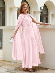 Robe de A-ligne à Col en Bijou Longueur de Mollet en Mousseline Rose Pâle Grande Taille