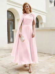 Robe de A-ligne à Col en Bijou Longueur de Mollet en Mousseline Rose Pâle Grande Taille