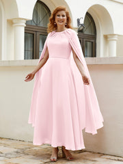 Robe de A-ligne à Col en Bijou Longueur de Mollet en Mousseline Rose Pâle Grande Taille