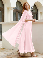 Robe de A-ligne à Col en Bijou Longueur de Mollet en Mousseline Rose Pâle Grande Taille