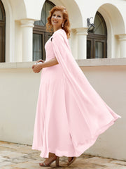 Robe de A-ligne à Col en Bijou Longueur de Mollet en Mousseline Rose Pâle Grande Taille