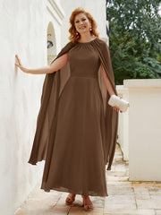 Robe de A-ligne à Col en Bijou Longueur de Mollet en Mousseline Brun Grande Taille