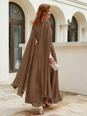 Robe de A-ligne à Col en Bijou Longueur de Mollet en Mousseline Brun Grande Taille