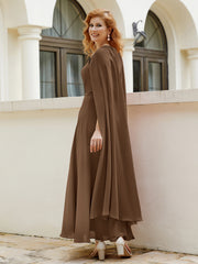 Robe de A-ligne à Col en Bijou Longueur de Mollet en Mousseline Brun Grande Taille