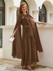 Robe de A-ligne à Col en Bijou Longueur de Mollet en Mousseline Brun Grande Taille
