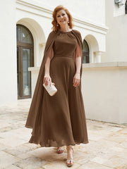 Robe de A-ligne à Col en Bijou Longueur de Mollet en Mousseline Brun