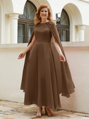 Robe de A-ligne à Col en Bijou Longueur de Mollet en Mousseline Brun