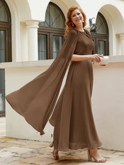 Robe de A-ligne à Col en Bijou Longueur de Mollet en Mousseline Brun Grande Taille