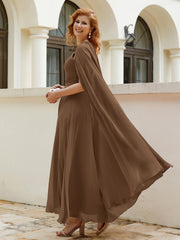 Robe de A-ligne à Col en Bijou Longueur de Mollet en Mousseline Brun Grande Taille