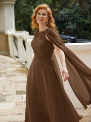 Robe de A-ligne à Col en Bijou Longueur de Mollet en Mousseline Brun