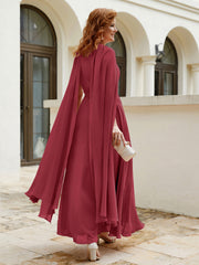 Robe de A-ligne à Col en Bijou Longueur de Mollet en Mousseline Bordeaux Grande Taille
