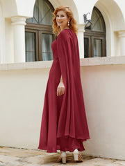 Robe de A-ligne à Col en Bijou Longueur de Mollet en Mousseline Bordeaux
