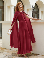 Robe de A-ligne à Col en Bijou Longueur de Mollet en Mousseline Bordeaux Grande Taille