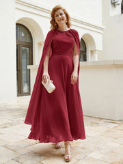 Robe de A-ligne à Col en Bijou Longueur de Mollet en Mousseline Bordeaux