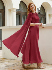 Robe de A-ligne à Col en Bijou Longueur de Mollet en Mousseline Bordeaux Grande Taille