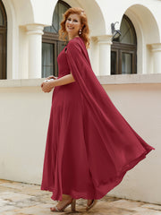 Robe de A-ligne à Col en Bijou Longueur de Mollet en Mousseline Bordeaux