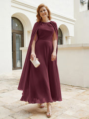 Robe de A-ligne à Col en Bijou Longueur de Mollet en Mousseline Cabernet Grande Taille