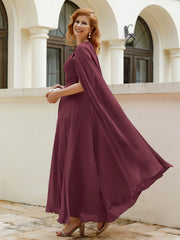 Robe de A-ligne à Col en Bijou Longueur de Mollet en Mousseline Cabernet Grande Taille