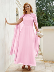 Robe de A-ligne à Col en Bijou Longueur de Mollet en Mousseline Rose Bonbon