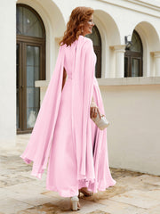 Robe de A-ligne à Col en Bijou Longueur de Mollet en Mousseline Rose Bonbon