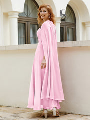 Robe de A-ligne à Col en Bijou Longueur de Mollet en Mousseline Rose Bonbon Grande Taille